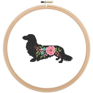 Langhaar Dackel Hund Silhouette Kreuzstich Muster Blumen Rosen Haustier Tier Wandkunst Hund Kreuzstich modern trendy tolles Geschenk