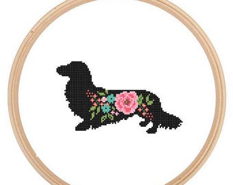 Long Haired Dachshund Dog Silhouette Cross Stitch Pattern floral roses Pet animal wall art Dog cross stitch modern trendy great gift