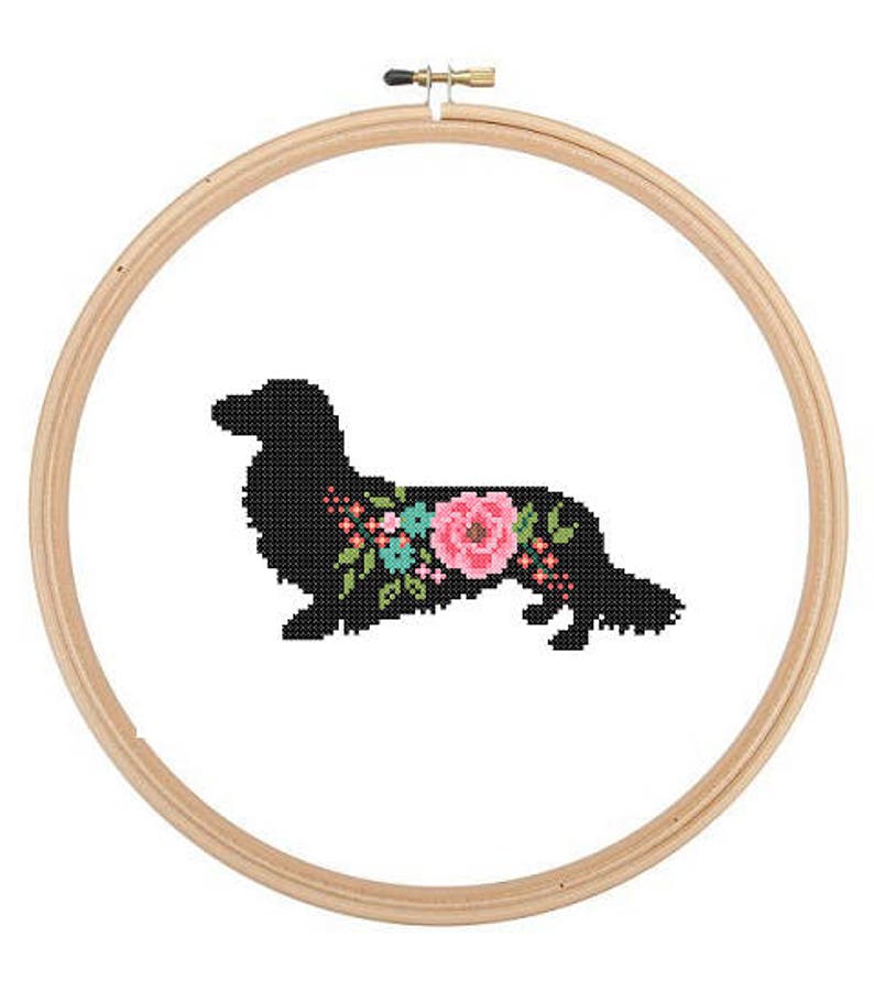 Long Haired Dachshund Dog Silhouette Cross Stitch Pattern floral roses Pet animal wall art Dog cross stitch modern trendy great gift image 1