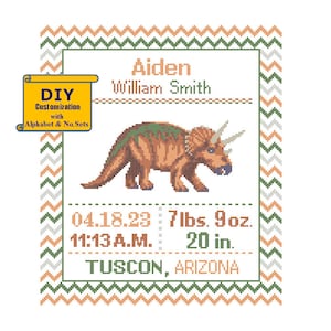 Triceratops Cross Stitch Birth Announcement Dinosaur Cross Stitch Birth Sampler Chevron border Baby Baby Dinosaur Nursery DIY Pattern