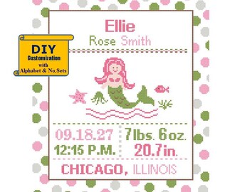 Mermaid Cross Stitch Birth Announcement Pattern Cross Stitch Birth Sampler Polka Dot Baby Girl Baby Ocean Pink Sea Nursery Nautical