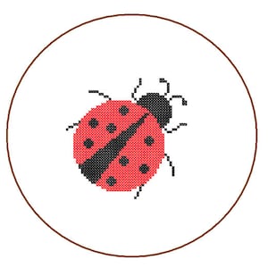 May include: A red ladybug with black spots and a black head is on a white background inside a brown circle.