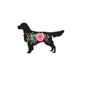 Golden Retriever Silhouette Cross Stitch Pattern Floral roses Pet animal wall art Dog cross stitch modern trendy great gift image 2