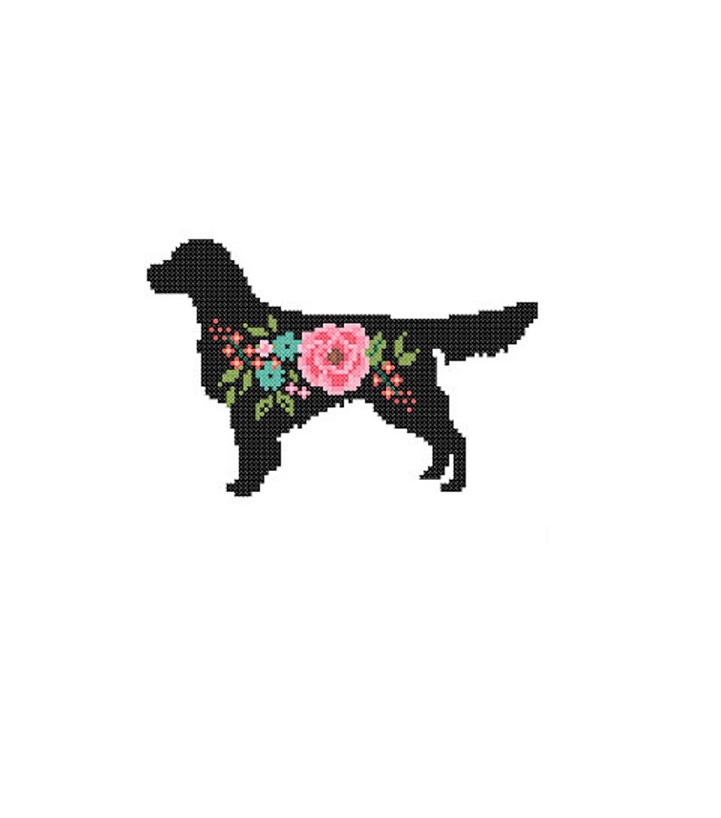 Golden Retriever Silhouette Cross Stitch Pattern Floral roses Pet animal wall art Dog cross stitch modern trendy great gift image 2