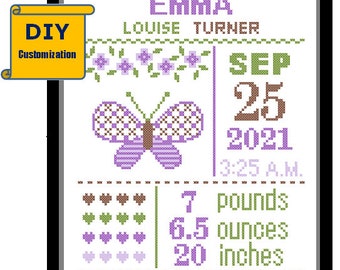 Instant Download Diy Pattern Cross Stitch Birth Announcement Butterfly Birth Record Cross Stitch Birth Sampler Cro