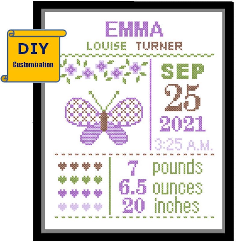 Instant Download Diy Pattern Cross Stitch Birth Announcement Butterfly Birth Record Cross Stitch Birth Sampler Cro image 1