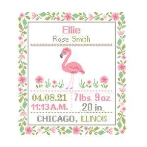 Custom Pattern Cross Stitch Floral Flamingo Birth Announcement Cross Stitch Birth Record Cross Stitch Girl Pink Flamingo cross stitch