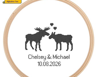 Moose Wedding cross stitch DIY customizable Pattern Modern Wedding cross stitch Couple Wedding Record Deer Sampler Wedding Anniversary