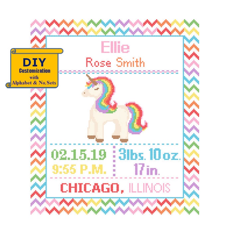 Unicorn Birth sampler Cross Stitch Birth Announcement Cross Stitch Birth Record Rainbow Unicorn Magical Nursery DIY customizable Pattern image 1