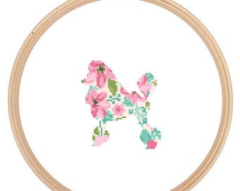 Poodle Silhouette Cross Stitch Pattern Floral Water color effect Pet animal wall art Dog cross stitch modern trendy great gift