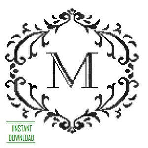 May include: Black and white monogram with the letter M in a decorative floral frame.