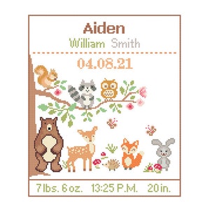 1 Cross Stitch custom Pattern Baby Personalised Birth Announcement Birth Record Forest Animals Green Brown Nature Woodland Nursery Gift