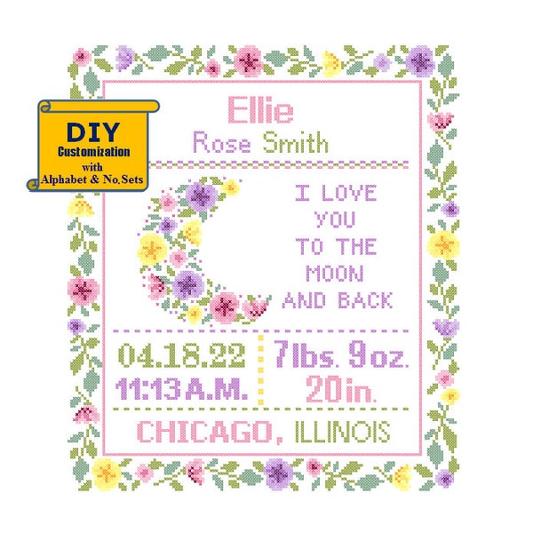 Floral Love you to the Moon and back Cross Stitch Birth Announcement cross Stitch Birth Record Baby Girl Autumn Nursery birth sampler