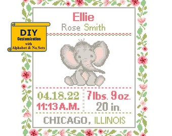 Éléphant au point de croix faire-part de naissance point de croix acte de naissance Floral bébé garçon fille éléphant pépinière rose gris naissance sampler jungle