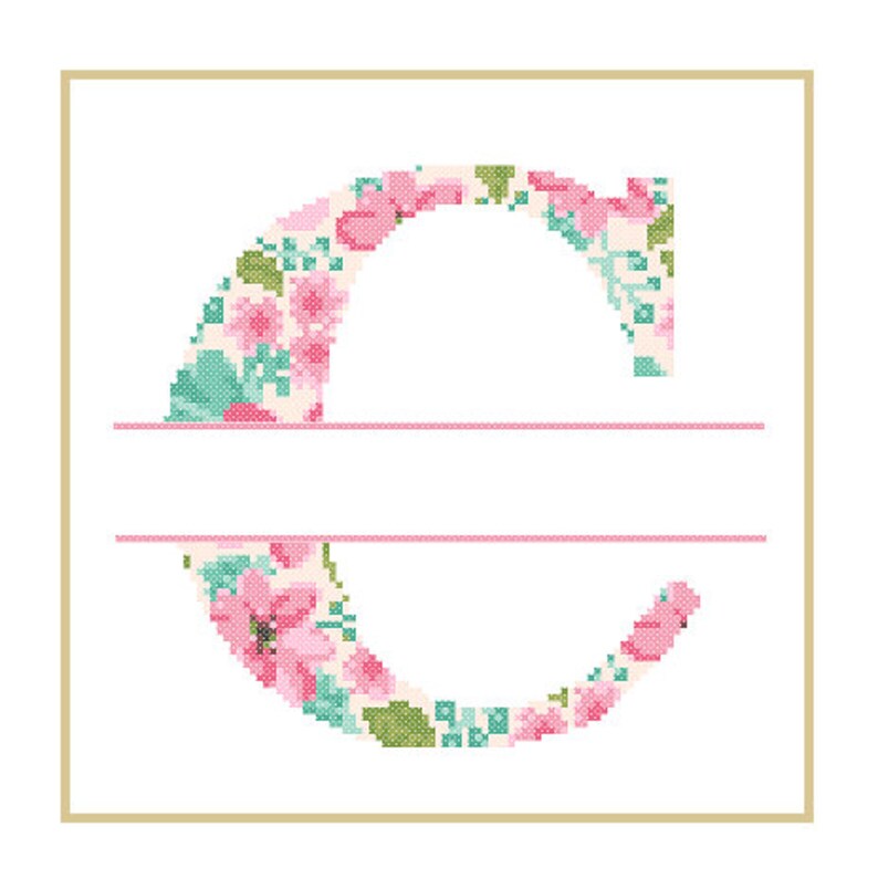 Floral Monogram C Cross Stitch Pattern C Initial C Letter cross stitch Baby birth nursery split letter cross Wedding Anniversary Wedding image 4