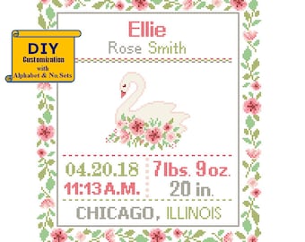 Swan Cross Stitch Birth Announcement cross Stitch Birth Record Floral Baby Boy Girl Swan Nursery pink birth sampler