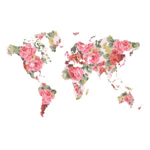 World Map Cross Stitch Pattern modern cross stitch pattern Floral cross stitch globe wall art gift Girl Boy Men and Women image 1