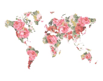 Weltkarte Kreuzstichmuster modernes Kreuzstichmuster Blumen Kreuzstich Globus Wandkunst Geschenk Mädchen Junge Männer und Frauen