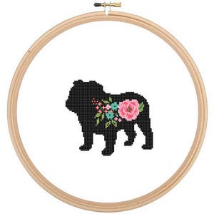 Bouledogue anglais Silhouette point de croix motif roses florales animal de compagnie mur art anglais Bull chien point de croix cadeau moderne