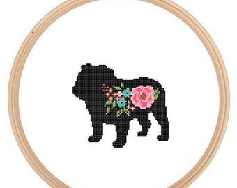 Englische Bulldogge Silhouette Kreuzstich Muster Blumen Rosen Haustier Tier Wandkunst Englischer Bulldogge Kreuzstich modernes Geschenk