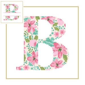 May include: A floral patterned letter B in pink, green, and white. The letter is outlined in gold.