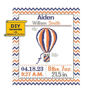 Hot Air Balloon Cross Stitch Birth Announcement Cross Stitch Birth Record Baby Nursery Adventure baby sampler orange navy mint pink image 1