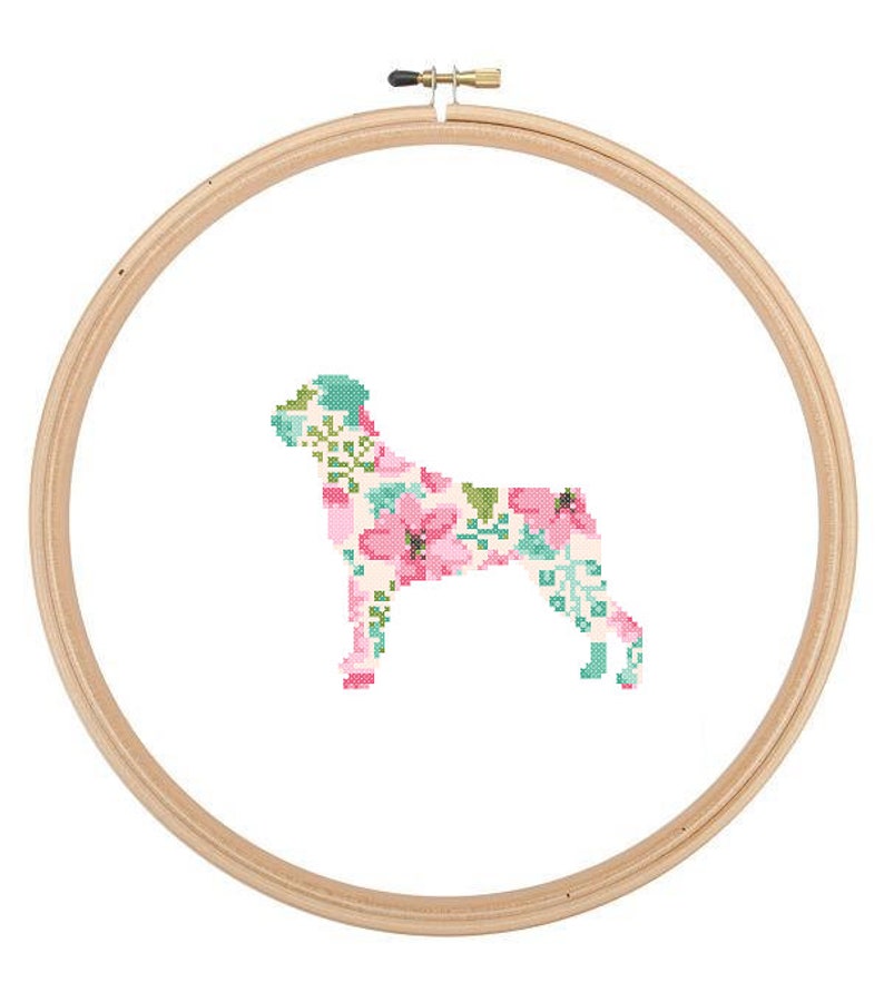 Rottweiler Silhouette Cross Stitch Pattern Floral Water color effect Pet animal wall art Rottweiler Dog cross stitch modern great gift image 1