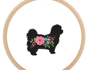 Shih Tzu Silhouette Cross Stitch Pattern Floral roses Pet animal wall art Dog cross stitch modern trendy great gift