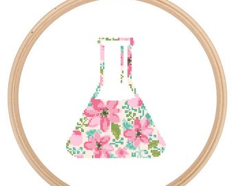 Science Beaker Flask Cross Stitch Pattern Floral Water color effect wall art Science cross stitch modern crafty Stitching gift