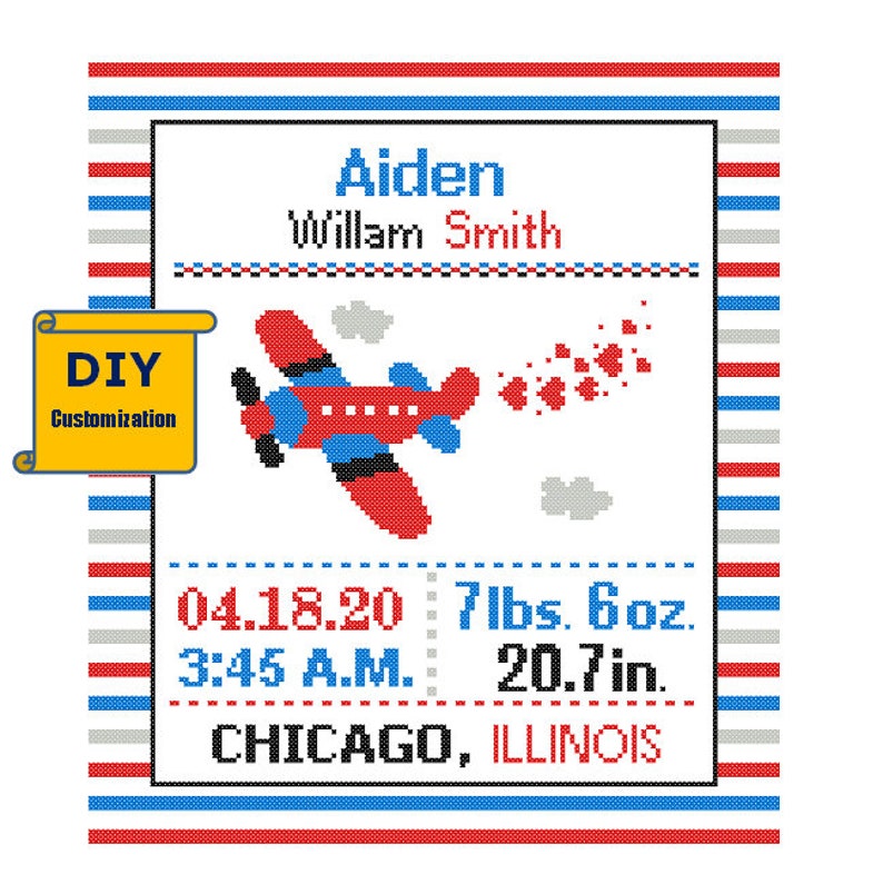 Airplane Cross Stitch Birth Announcement Cross Stitch ...