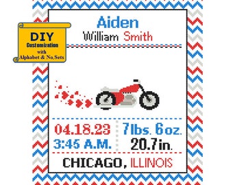 Motorcycle Cross Stitch Birth Announcement Cross Stitch Birth Record Cross Stitch Baby Boy Motorbike Nursery transport cross stitch