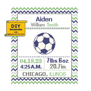 Soccer Birth sampler Cross Stitch Birth Announcement Cross Stitch Birth Record Baby Boy Football Sports Nursery Navy green ball pattern zdjęcie 1