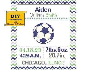 Soccer Birth sampler Cross Stitch Birth Announcement Cross Stitch Birth Record Baby Boy Football Sports Nursery Navy green ball pattern