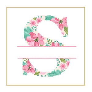 Floral Monogram S Cross Stitch Pattern S Initial S Letter cross stitch Baby birth nursery split letter cross Wedding Anniversary Wedding image 4