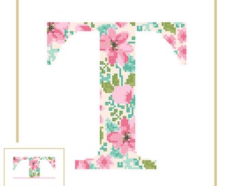 Floral Monogram T Cross Stitch Pattern T Initial T Letter cross stitch Baby birth nursery split letter cross Wedding Anniversary Wedding