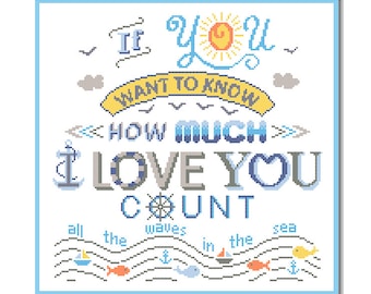 Nautical Cross Stitch Pattern If you want to know how much I love you count all the waves in the sea Boy quote Nursery Text Navy anchor