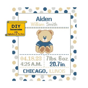 Teddy Bear Pattern Cross Stitch Birth Announcement Cross Stitch Birth Record Polka Dot Baby Boy Girl Nursery bear birth sampler