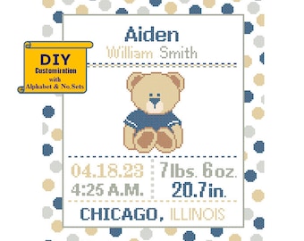 Teddy Bear Pattern Cross Stitch Birth Announcement Cross Stitch Birth Record Polka Dot Baby Boy Girl Nursery bear birth sampler