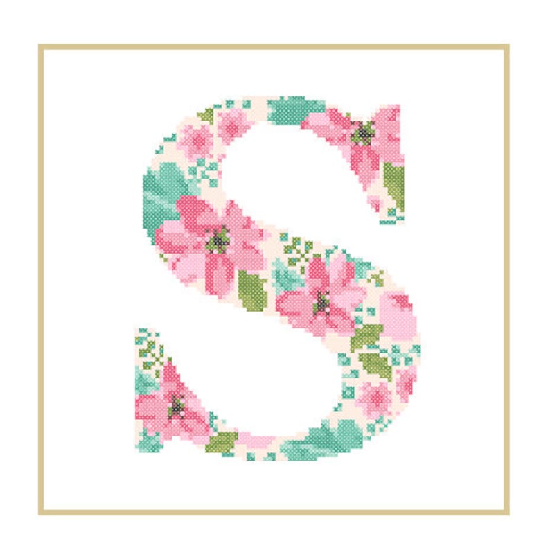 Floral Monogram S Cross Stitch Pattern S Initial S Letter cross stitch Baby birth nursery split letter cross Wedding Anniversary Wedding image 3