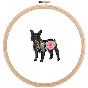 Francês bulldog silhueta ponto cruz padrão floral rosas animal de estimação arte da parede francês bull dog ponto cruz presente moderno