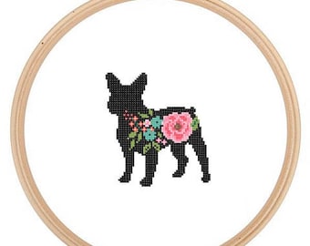 Frenchie Bulldog Silhouette Cross Stitch Pattern floral roses Pet animal wall art French Bull Dog cross stitch modern gift