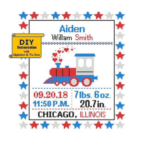 Train Engine Pattern Cross Stitch Birth Announcement Cross Etsy