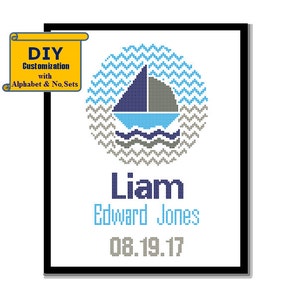 Sailboat Cross Stitch Birth Announcement Instant Download DIY customizable Pattern Cross Stitch Birth Record Nautical Baby Boy Nursery