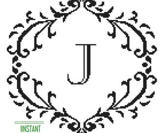 Instant Download Cross Stitch Pattern black Monogram J Initial Alphabet J letter J Gift Home Decor House Warming Wedding Anniversary Gift