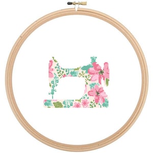 Naaimachine silhouet kruissteek patroon bloemen aquarel effect kunst aan de muur naaimachine kruissteek moderne sluwe stiksels cadeau