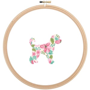 Dourado doodle silhueta ponto cruz padrão floral efeito de cor de água animal de estimação arte de parede dourado doodle cachorro ponto cruz presente moderno