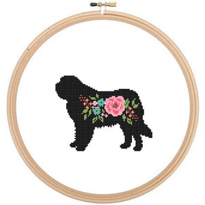 Saint Bernard Silhouette Cross Stitch Pattern Floral roses Pet animal wall art Dog cross stitch modern St Bernard dog cross stitch image 1