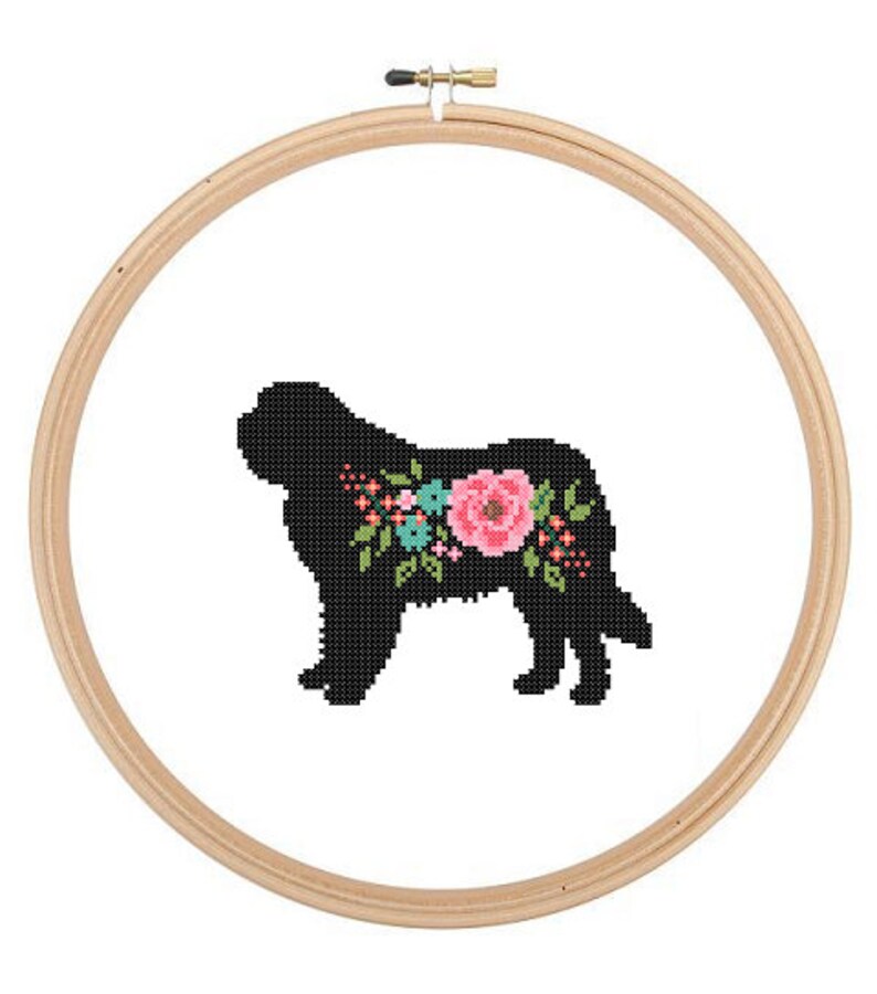 Saint Bernard Silhouette Cross Stitch Pattern Floral roses Pet animal wall art Dog cross stitch modern St Bernard dog cross stitch image 1