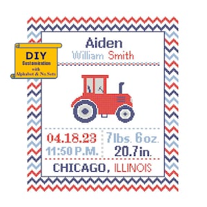 Tractor Cross Stitch Birth Announcement Pattern Cross Stitch Birth Record Tractor Boy Nursery DIY customizable Farmhouse Farm nursery Farmer image 1