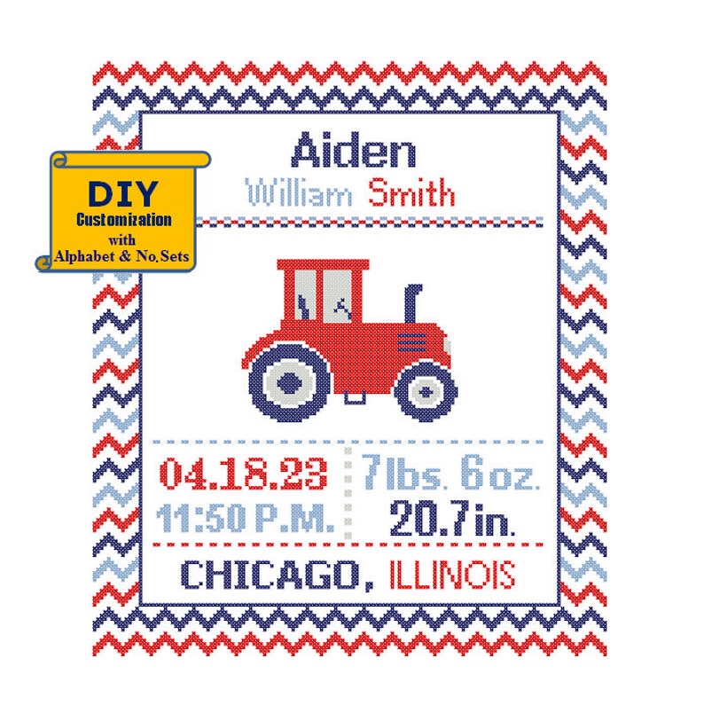 Tractor Cross Stitch Birth Announcement Pattern Cross Stitch Birth Record Tractor Boy Nursery DIY customizable Farmhouse Farm nursery Farmer image 1